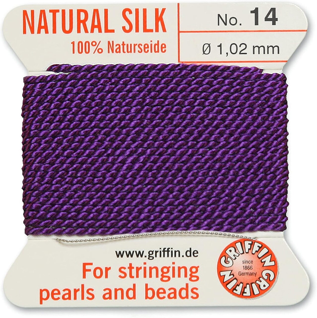 Griffin Silk Bead Cord Perlseide – Size 14 (1.02mm) – 2 Meters per Card – Stainless Steel Needle Attached – for Knotting Pearls, Gemstones, Crystals and Beads